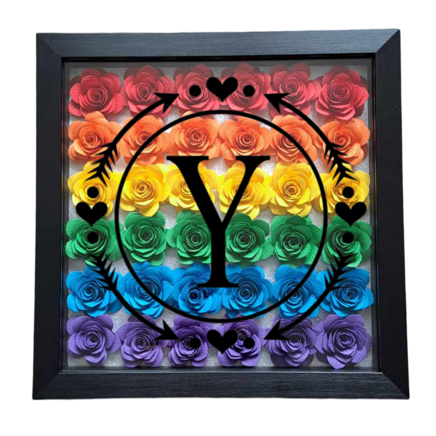 Heart & Arrow Circle Monogram - Bright Rainbow Flower Shadow Box