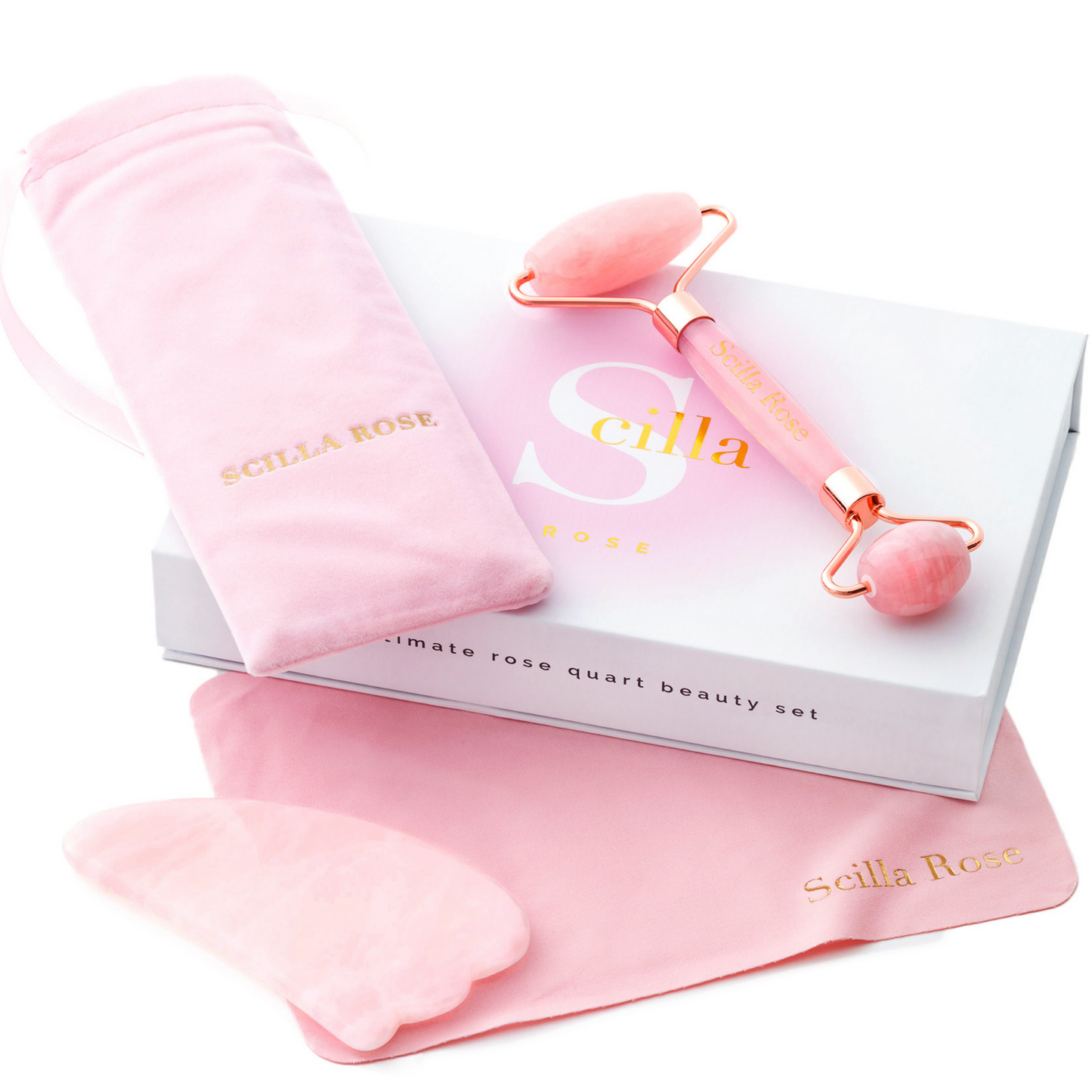 Scilla Rose - Superior Rose Quartz Roller and Gua Sha Beauty Set