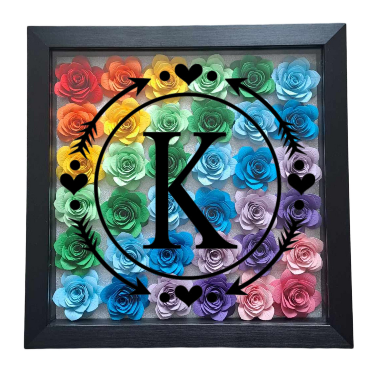 Heart & Arrow Circle Monogram - Ombre Rainbow Flower Shadow Box