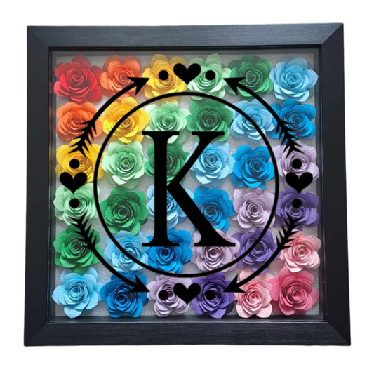 Heart & Arrow Circle Monogram - Ombre Rainbow Flower Shadow Box