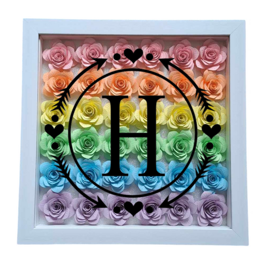 Heart & Arrow Circle Monogram - Pastel Rainbow Flower Shadow Box